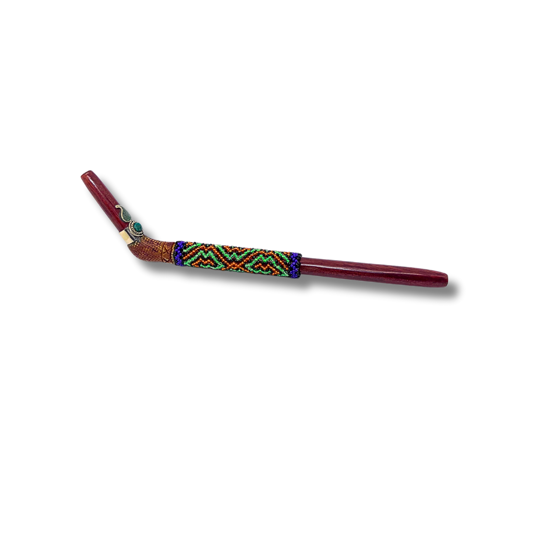 Handmade Rosewood Tepi Hapé pipe with unique beaded patterns for rituals