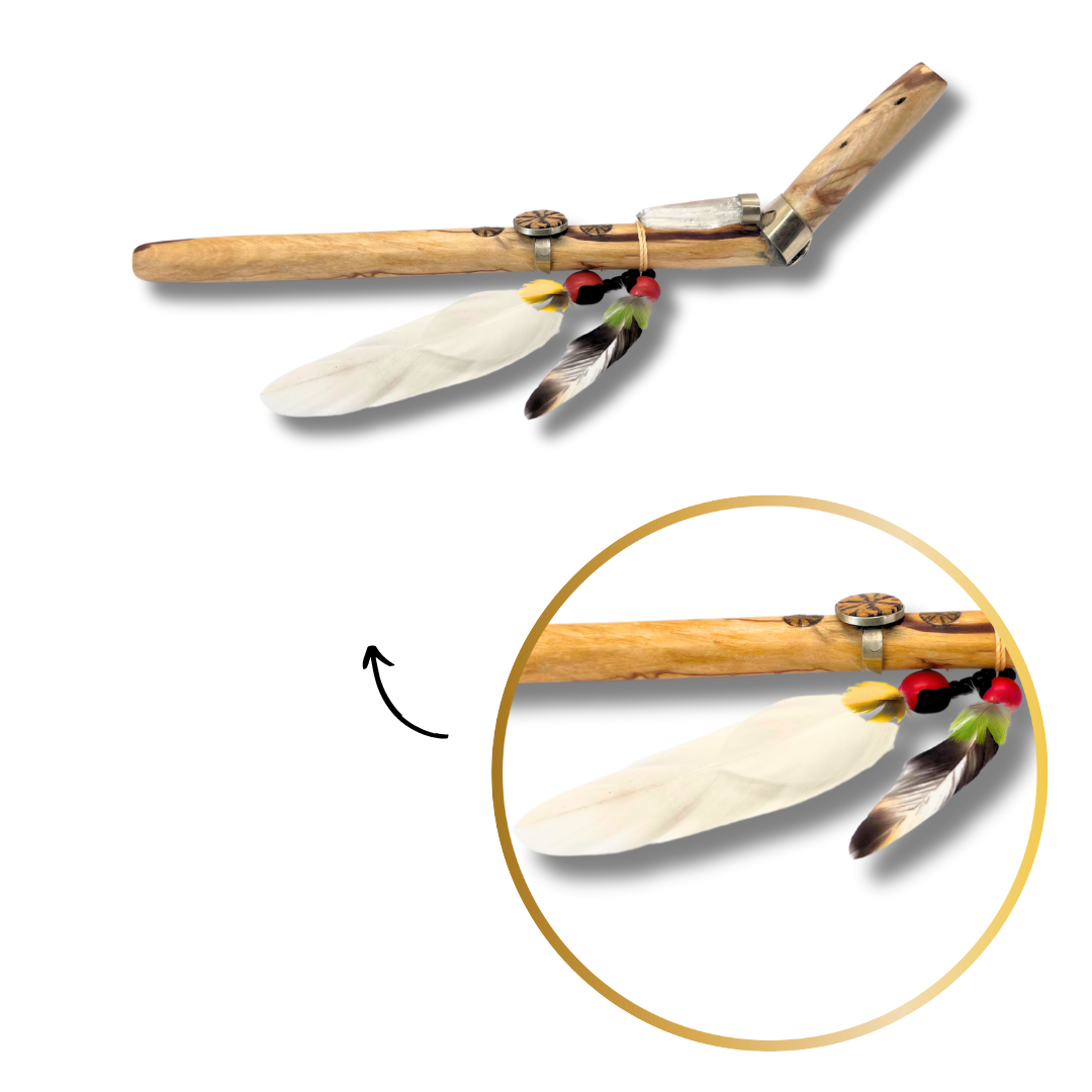 Tepi - Palo Santo Shipibo Quartz Crystal Feathered Ayahuasca Shamanic Hape Rapeh Pipe Awake Healer