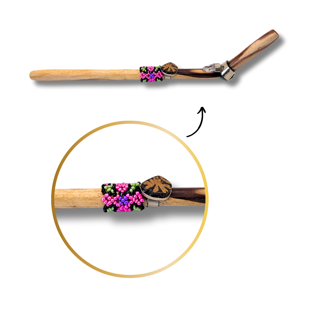 Shipibo Ayahuasca and Quartz Pink and green Beaded Palo Santo Tepi - Handcrafted Artistry 9" Awake Healer