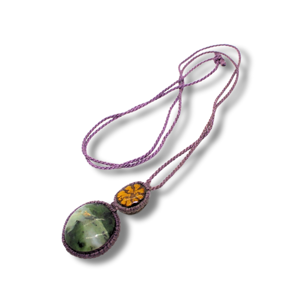 Beautiful Shipibo Pendant with Ayahuasca Vine and Green Jasper Awake Healer