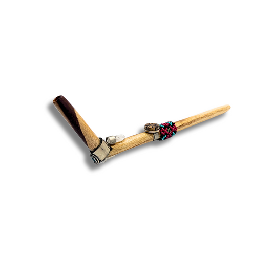 Shipibo Tepi Hapé Pipe – Palo Santo, Ayahuasca Quartz, hand-beaded with colorful designs