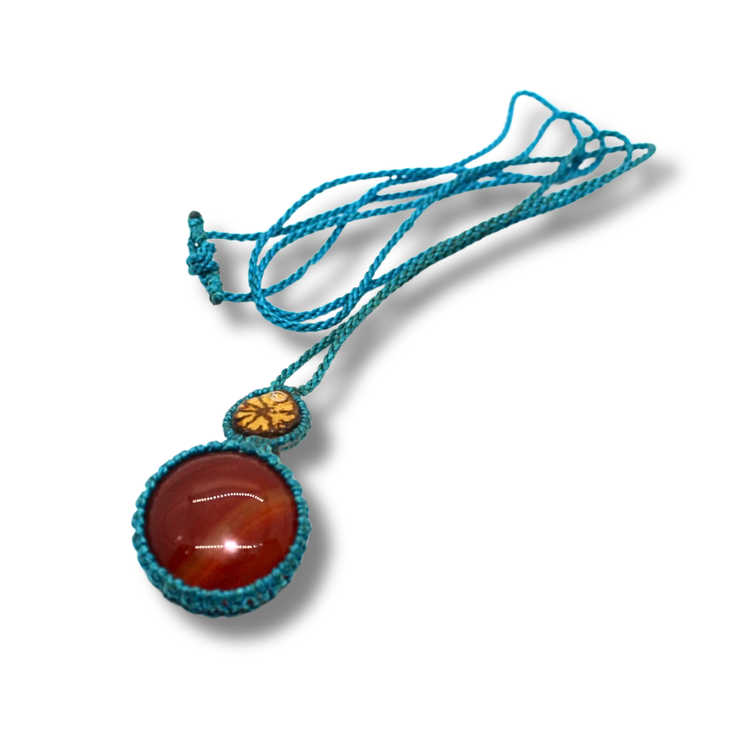 Beautiful Shipibo Pendant with Ayahuasca Vine and Carnelian Agate