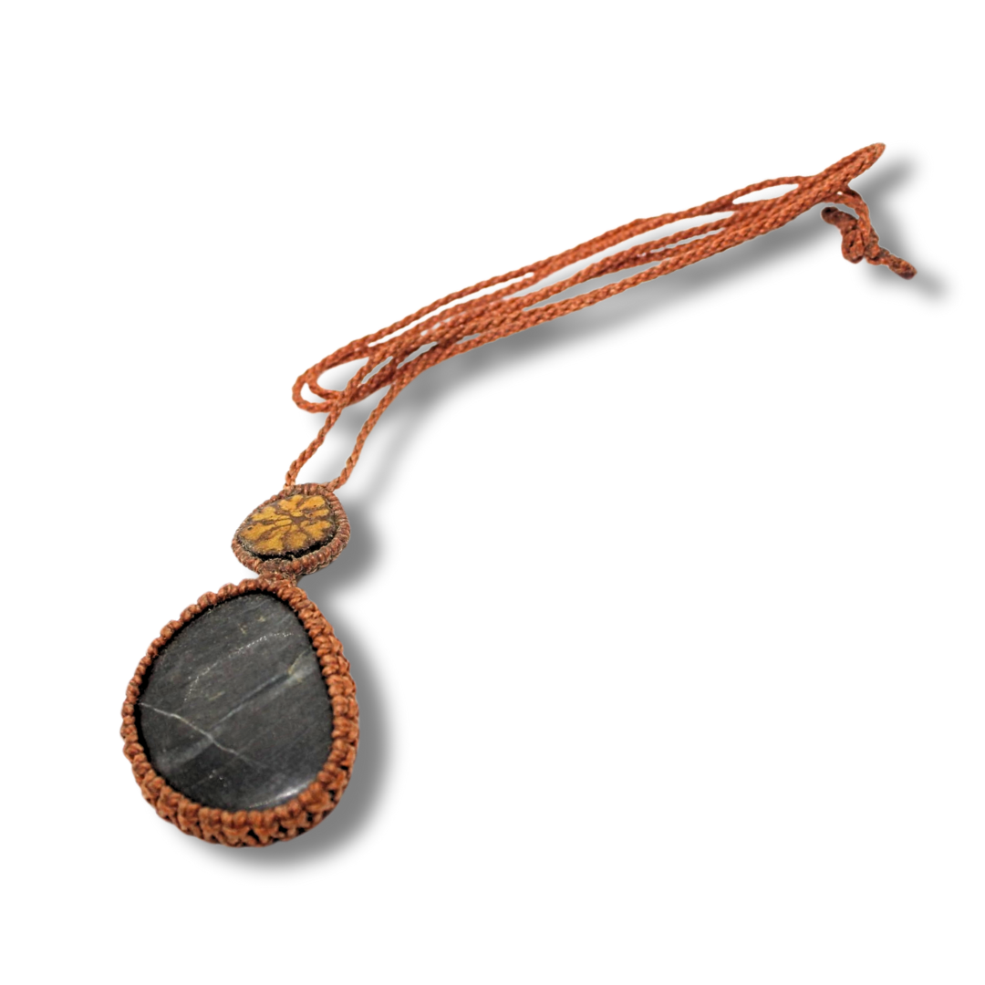 Shipibo Pendant Made from Ayahuasca Vine and Black Moonstone Awake Healer
