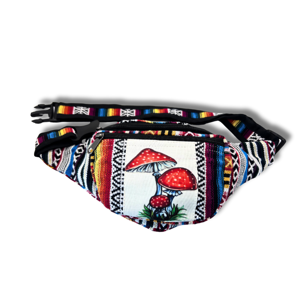 Boho-style hemp fanny pack with mushroom design for travel and festivals