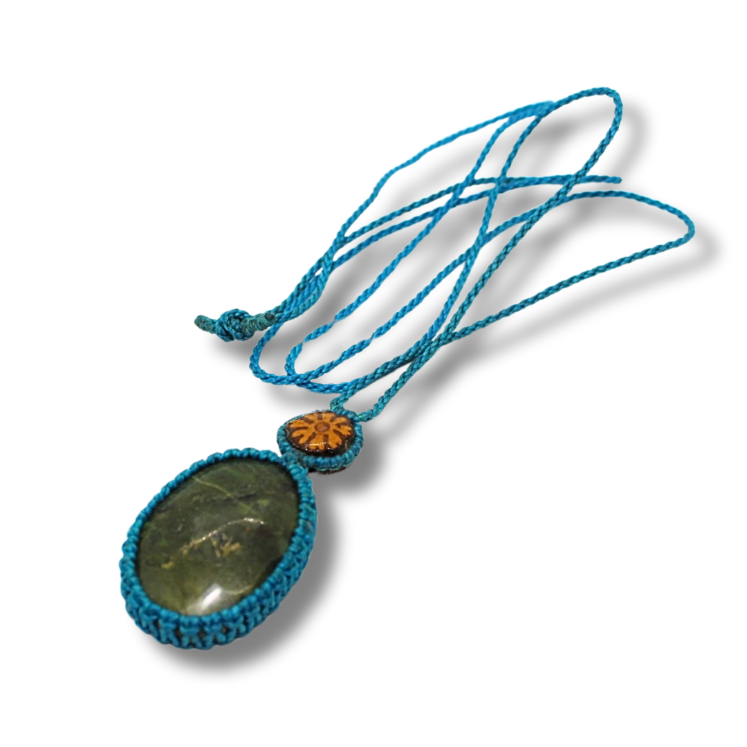 Beautiful Shipibo Pendant with Ayahuasca Vine and Green Jasper Awake Healer