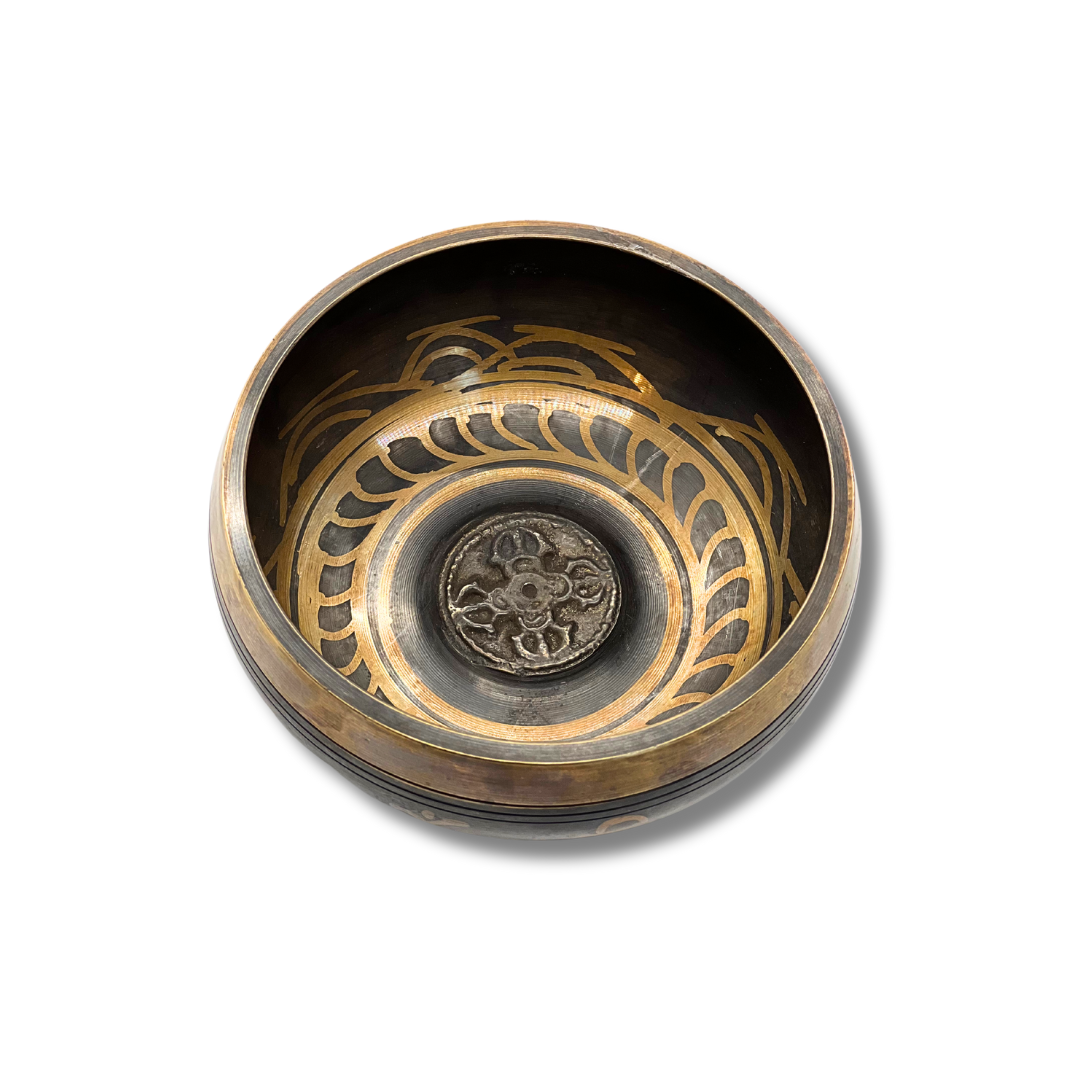 Handmade Dark Bronze Singing Bowl (4.5-inch) with Om Mani Padme Hum Design