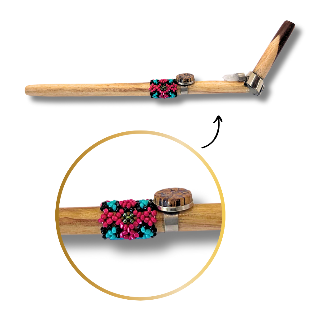 Shipibo Ayahuasca and Quartz Beaded Palo Santo Tepi - Handcrafted Artistry 9"