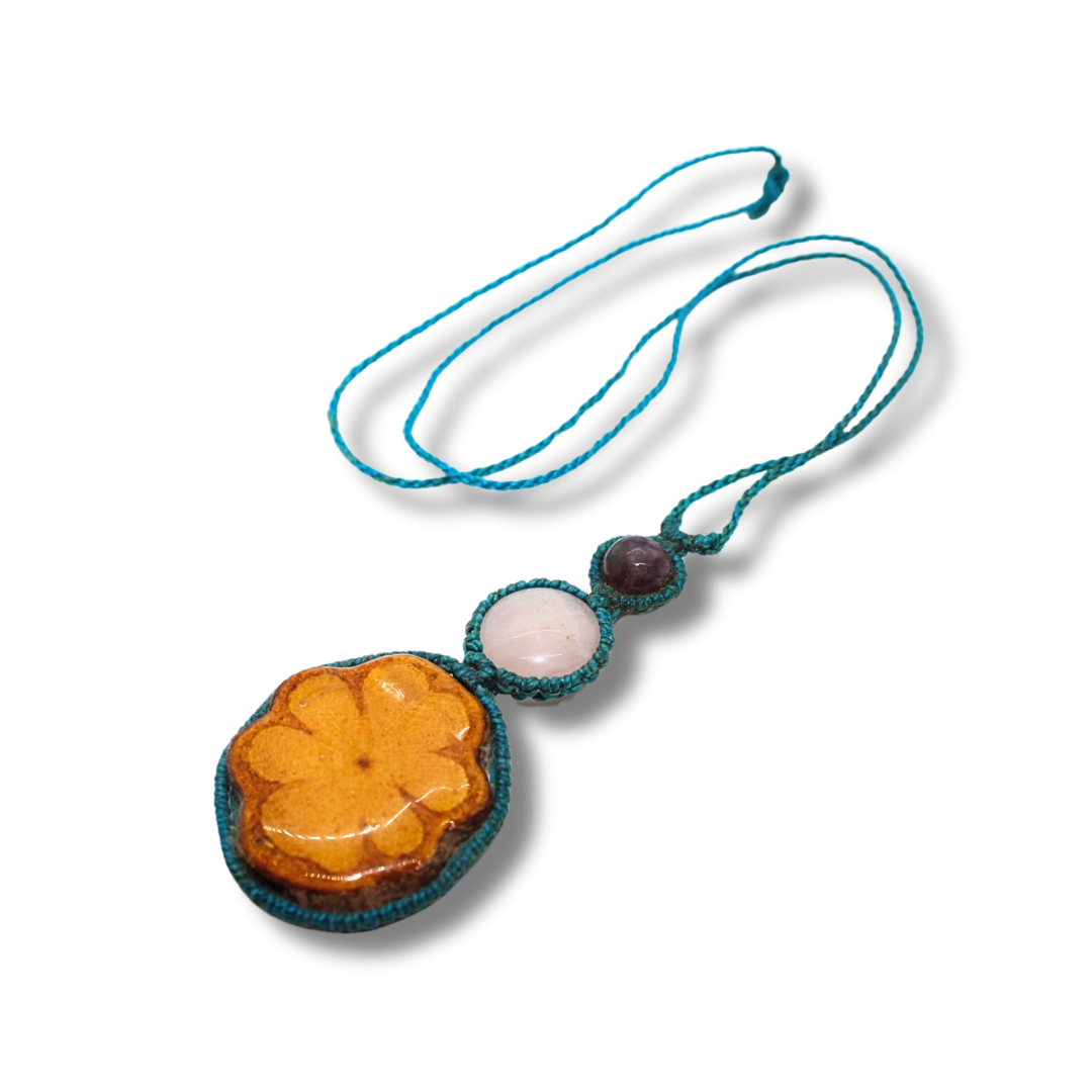 Beautiful Shipibo Pendant with Ayahuasca Vine, Rose Quartz, and Amethyst Awake Healer