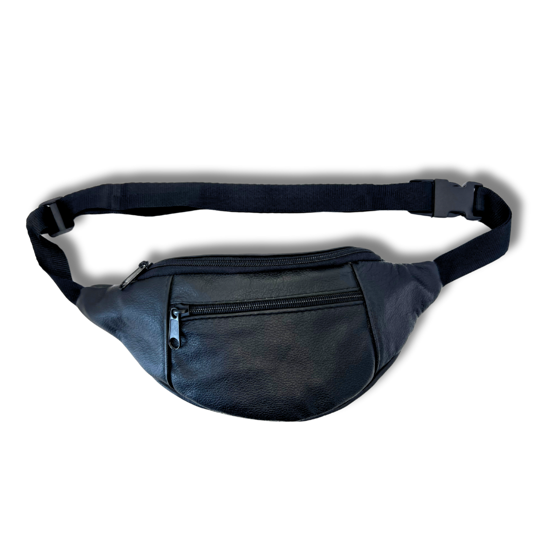 Handmade black leather fanny pack – artisan 12-inch waist bag for men and women