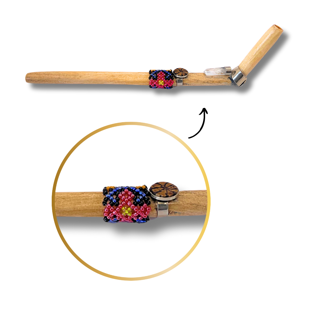 Shipibo Ayahuasca and Quartz Beaded Palo Santo Tepi - Handcrafted Artistry 9"
