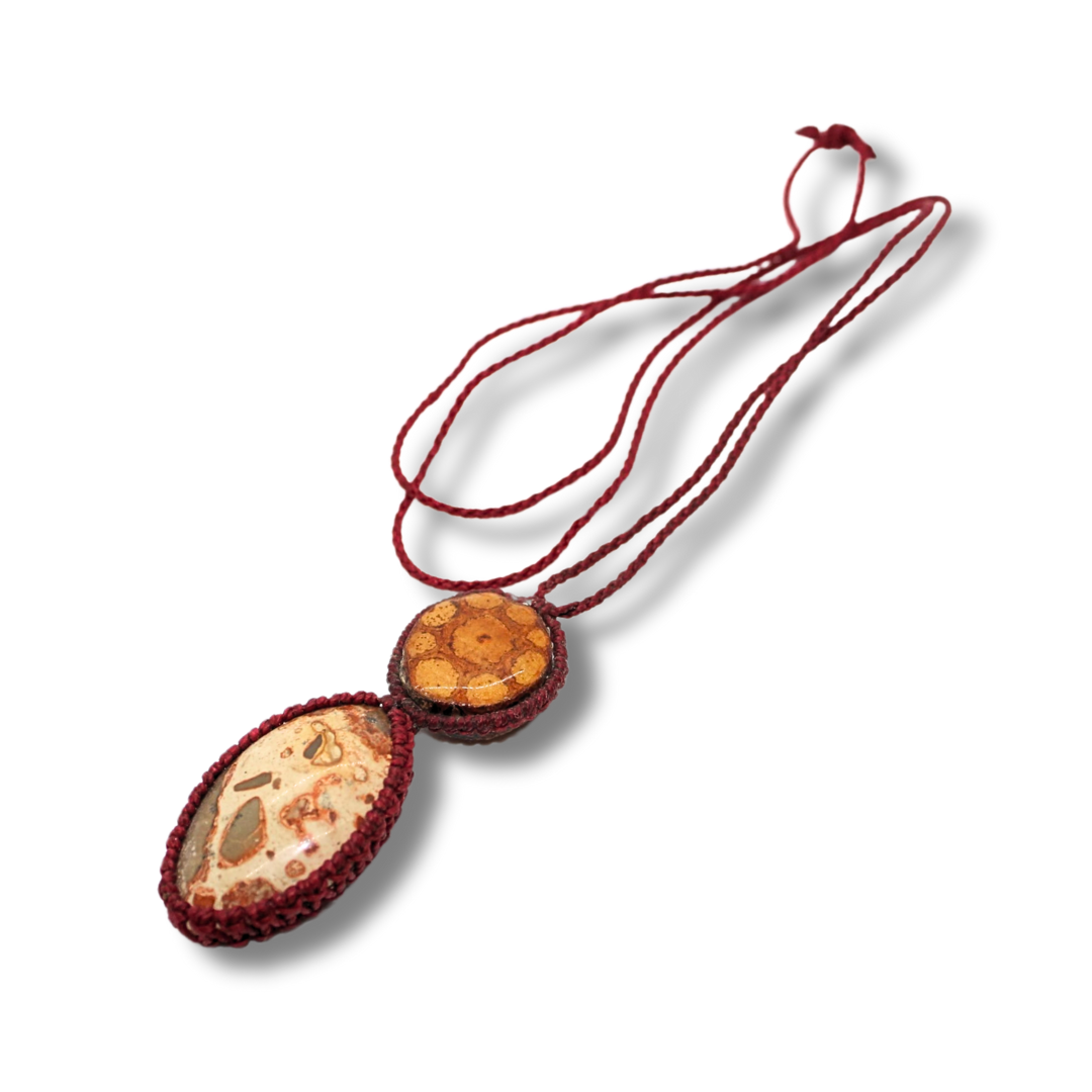 Beautiful Shipibo Pendant with Ayahuasca Vine and Leopard Skin Jasper Awake Healer