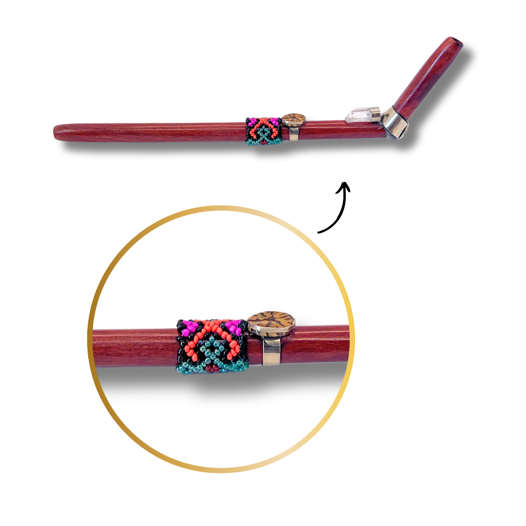 Shipibo Ayahuasca and Quartz Rosewood red and green Beaded Tepi - Handcrafted Artistry 9" Awake Healer