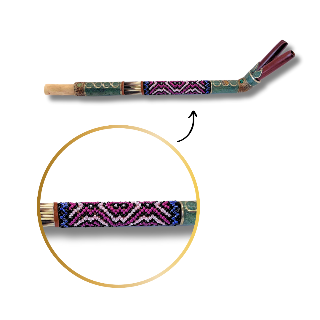 Double-Barreled Shipibo Bone Tepi with Porcupine Quill Beading 10.5" Awake Healer