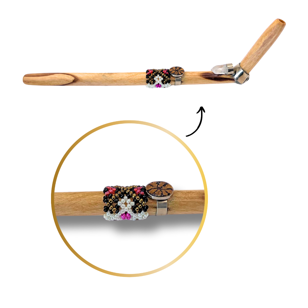 Shipibo Ayahuasca and Quartz Beaded Palo Santo Tepi - Handcrafted Artistry 9"