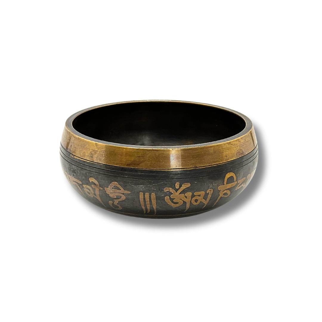Handmade Dark Bronze Singing Bowl (4.5-inch) with Om Mani Padme Hum Design Awake Healer