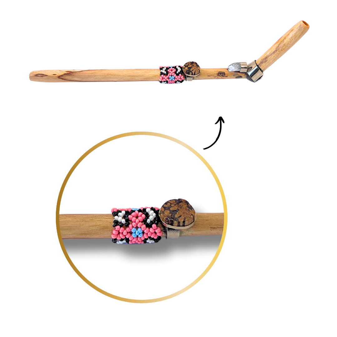 Shipibo Ayahuasca and Quartz Beaded Palo Santo Tepi - Handcrafted Artistry 9"
