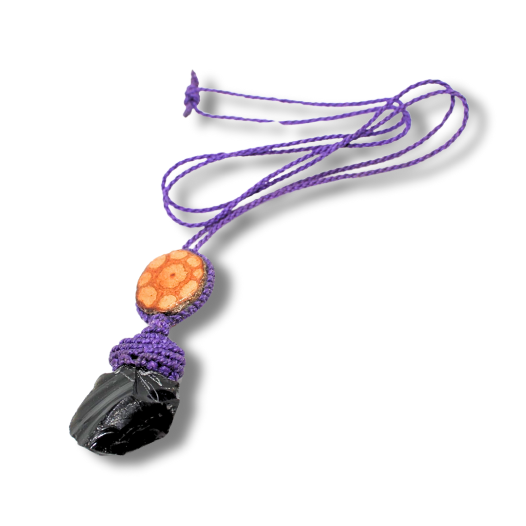 Shipibo Pendant Made from Ayahuasca Vine and Obsidian Awake Healer