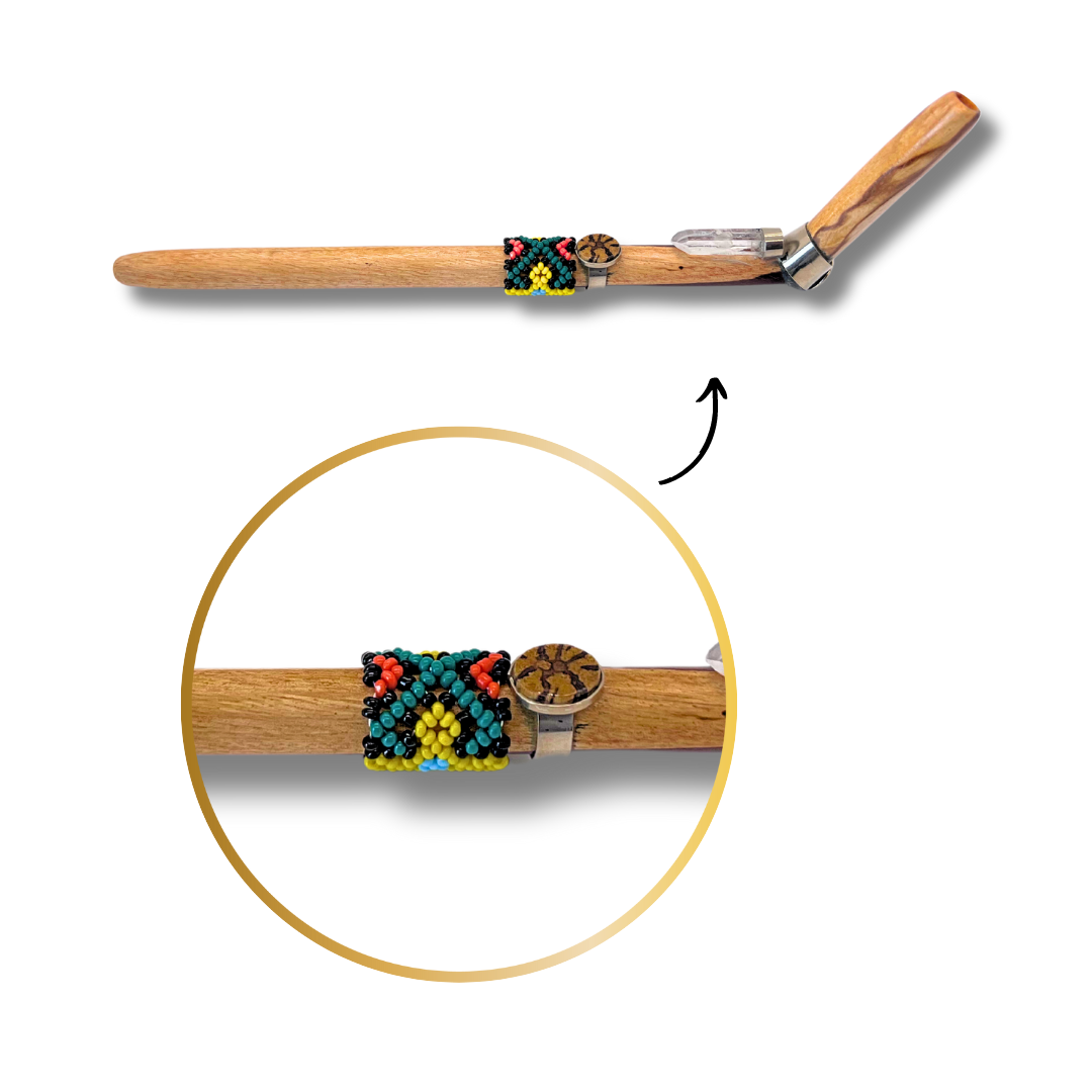 Shipibo Ayahuasca and Quartz Beaded Palo Santo Tepi - Handcrafted Artistry 9"