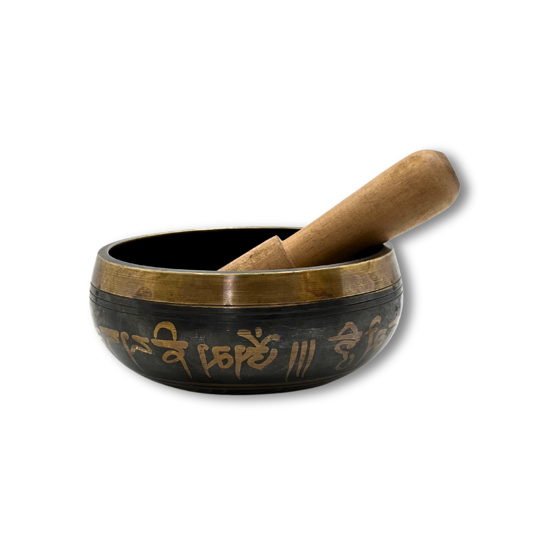 Handmade Dark Bronze Singing Bowl (4.5-inch) with Om Mani Padme Hum Design Awake Healer