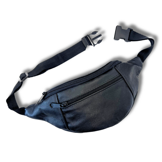 Artisan-crafted black leather fanny pack, stylish and durable for travel and everyday use