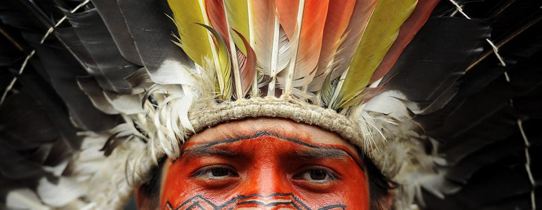 Person wearing a headdress with feathers and face paint against a dark background