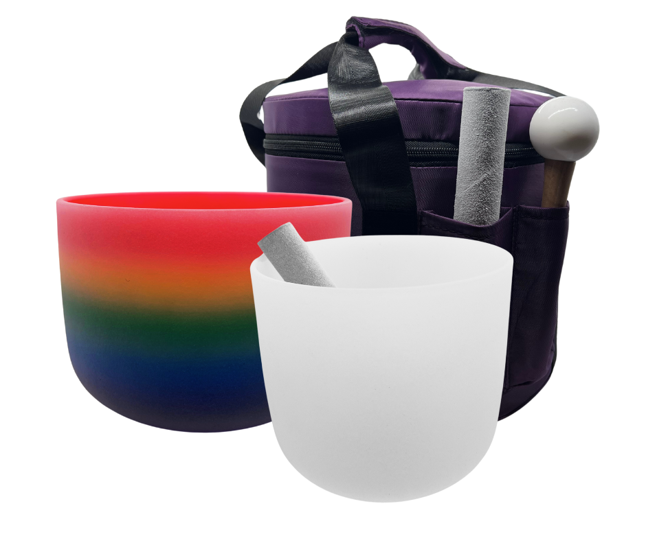Harmonic Unity Set: Rainbow & OM Symbol Sound Bowls with Bag Awake Healer