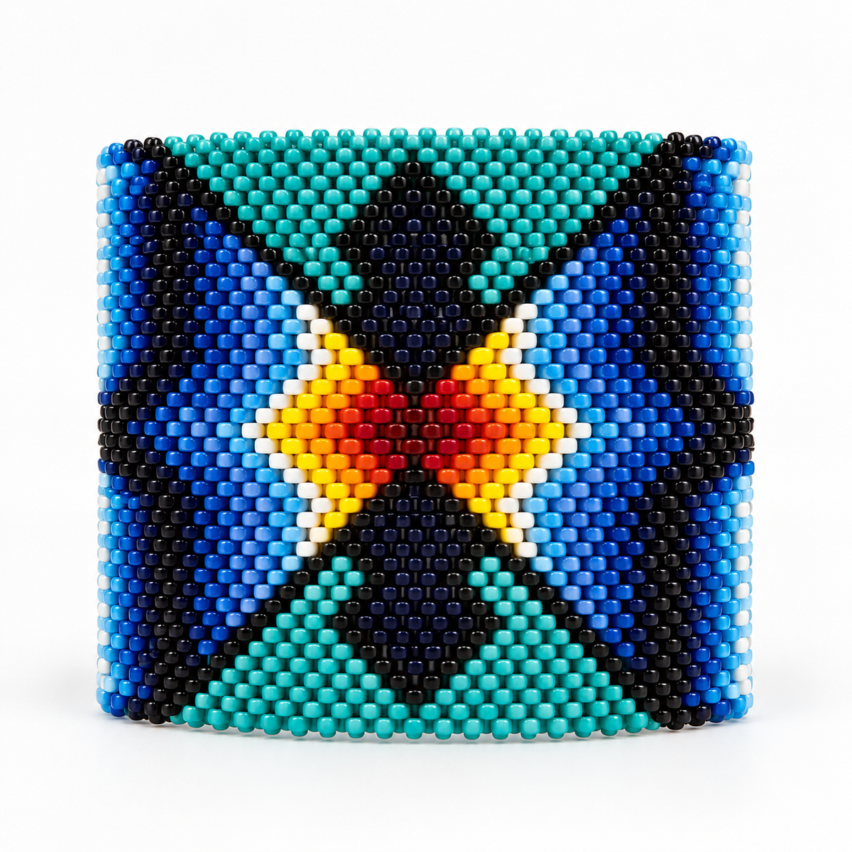 Yawanawá beaded bracelet with turquoise, blue, black, white, yellow, orange, and red geometric beadwork