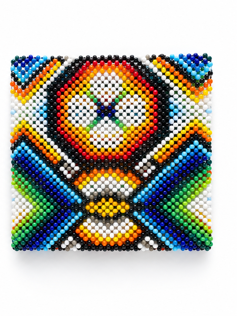 Yawanawá beaded bracelet with white, blue, green, orange, yellow, and black geometric beadwork