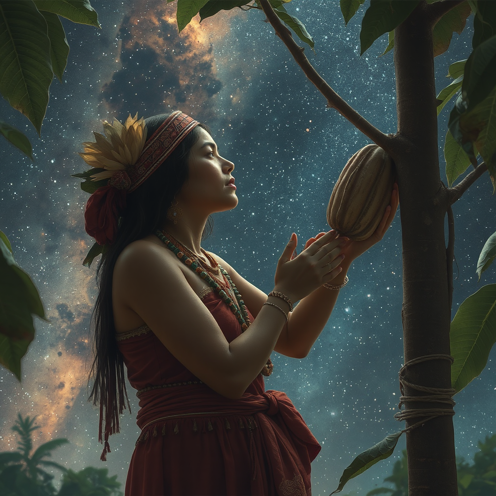 Woman harvesting ceremonial cacao from a tree in the Amazon rainforest, honoring Indigenous traditions and sacred plant medicine