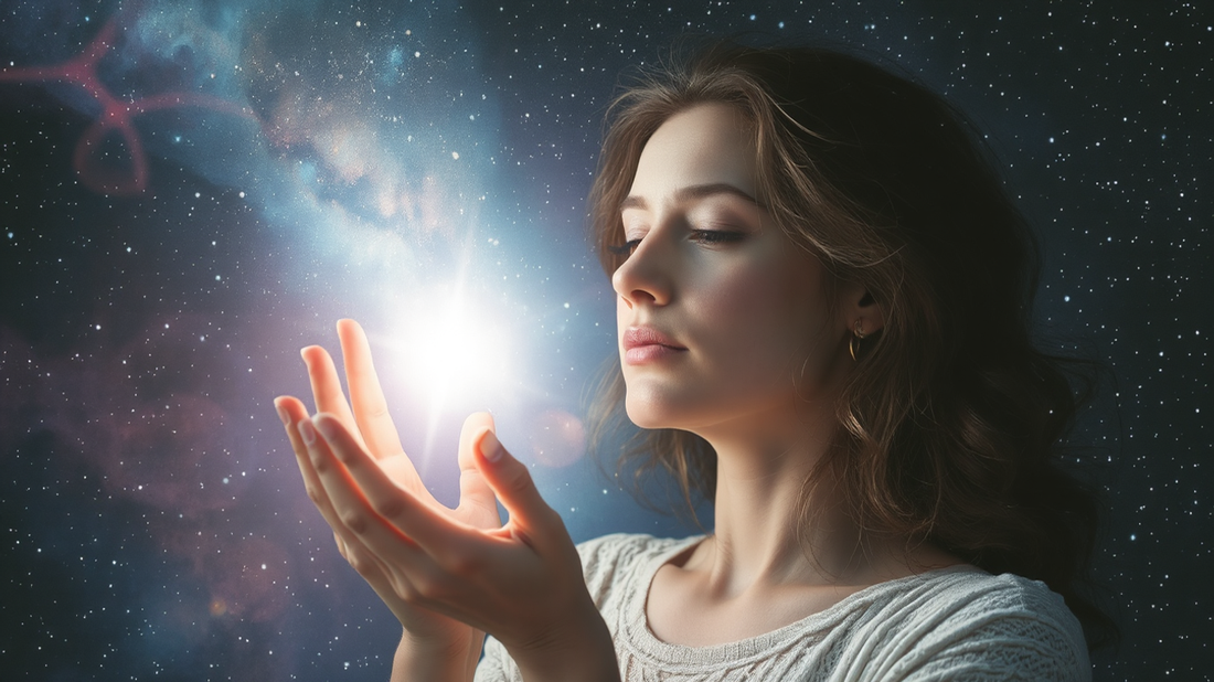A woman looking at a ball of light between her hands