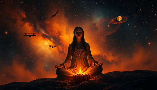 A woman honoring ancestors with meditation in Halloween