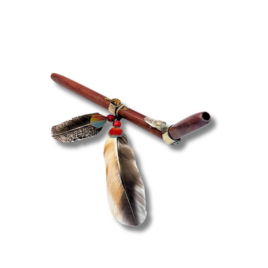Tepi - Rosewood Shipibo Quartz Crystal Feathered Ayahuasca Shamanic rapeh hape pipe