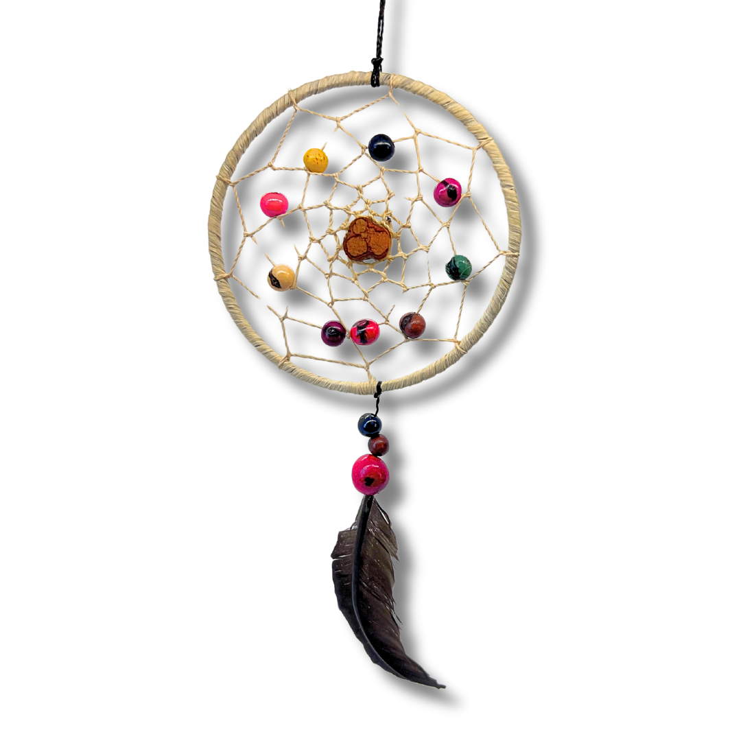 Natural Bone Color Sacred Amazonian Dream Catcher - Ayahuasca Wood & Dark Feather