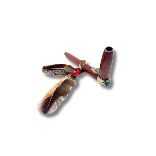 Tepi - Rosewood Shipibo Quartz Crystal Feathered Ayahuasca Shamanic rapeh hape pipe