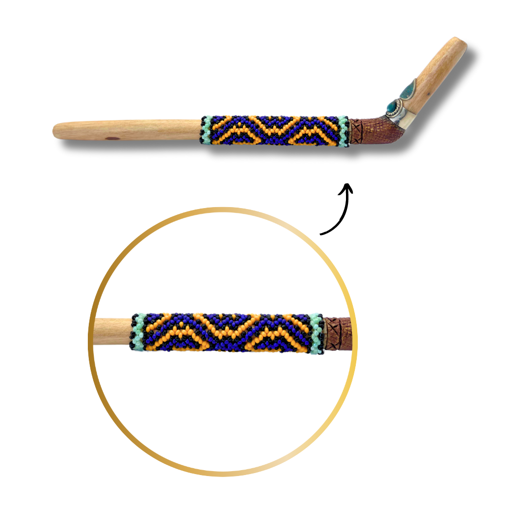 Sacred Amazonian Tepi Hapé Pipe – Shipibo yellow and purple beaded craftsmanship for meditation and spiritual practice
