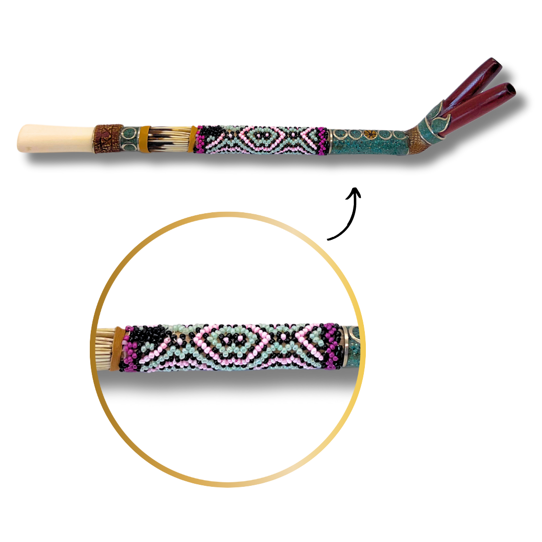 Double-Barreled Shipibo Bone Tepi with Porcupine Quill Beading 10.5" Awake Healer