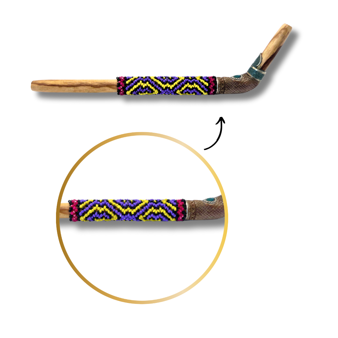 Sacred Amazonian Tepi Hapé Pipe – Shipibo yellow and purple multicolor beaded craftsmanship for meditation and spiritual practice