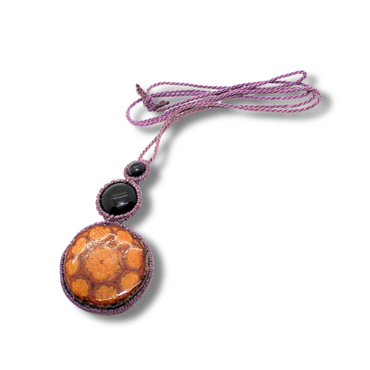 Shipibo Pendant Made from Ayahuasca Vine and Black Chalcedony