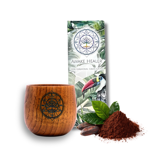 Ceremonial Cacao Ritual Bundle – 1oz Criollo Arriba Nacional Cacao + Handcrafted Wooden Cup Awake Healer