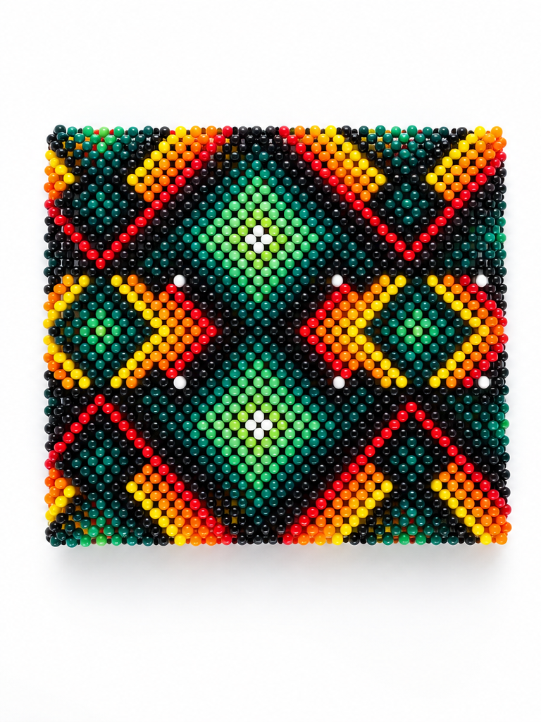 Yawanawá beaded bracelet with green, black, red, orange, and yellow geometric beadwork